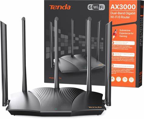 ROUTER WIRELESS TENDA WIFI 6, 3000MBPS, 3 PUERTOS GIGABIT Y 1 PUERTO WAN, ESTÁNDAR WI-FI 6 (802.11AX), OFDMA+MU-MIMO, 5X ANTENA 6DBI, ENRUTADOR DE DOBLE BANDA, HASTA VELOCIDADES EN 5 GHZ: 2402 MBPS, EN 2,4 GHZ: 574 MBPS.